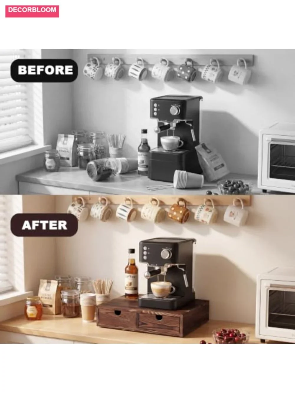 Wooden Coffee Pod Organizer with 2 Drawers, Holds 30 Pods, 2-in-1 Maker Stand